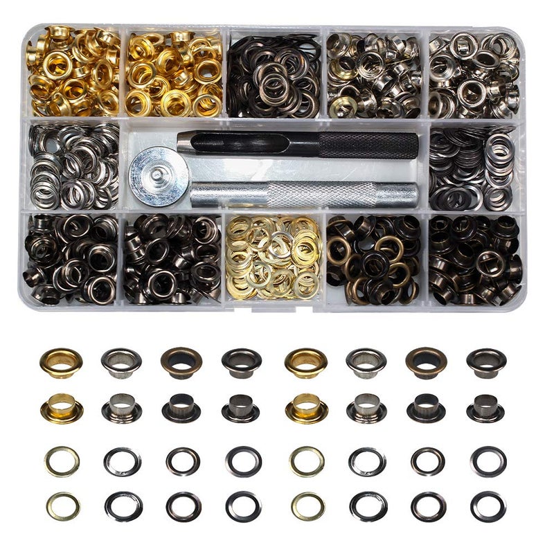 INNETOC 400 Sets 4 Color Brass Grommet Eyelets Kit Tool 6mm 1/4" Inside Diameter with Setting Tool Canvas Clothes Leather Self Backing Tool - Image 1